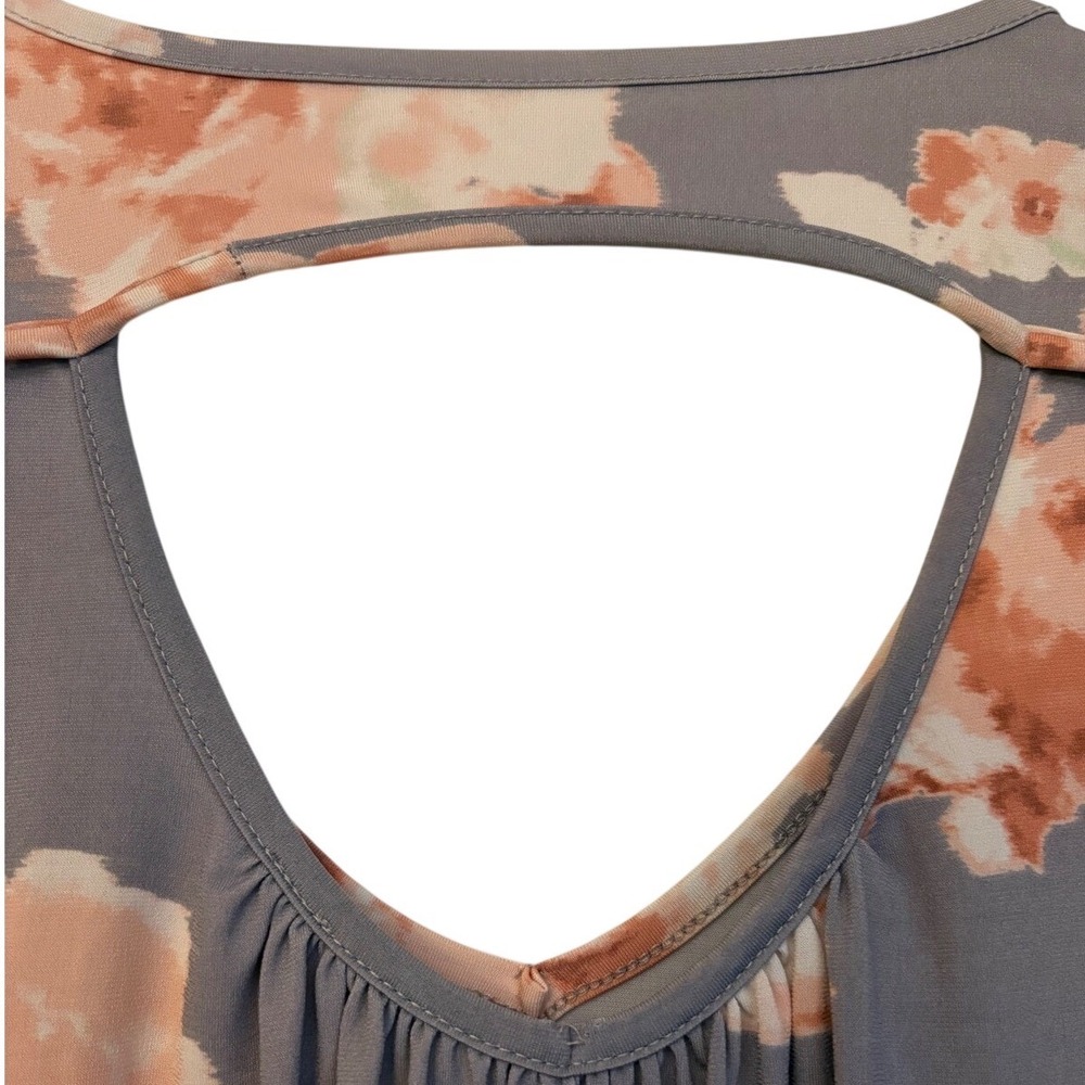 MTS Women Grey Peach Floral V-Neck 3/4 Sleeve Cut-Out Back Pocket Mini Dress M - Picture 6 of 8
